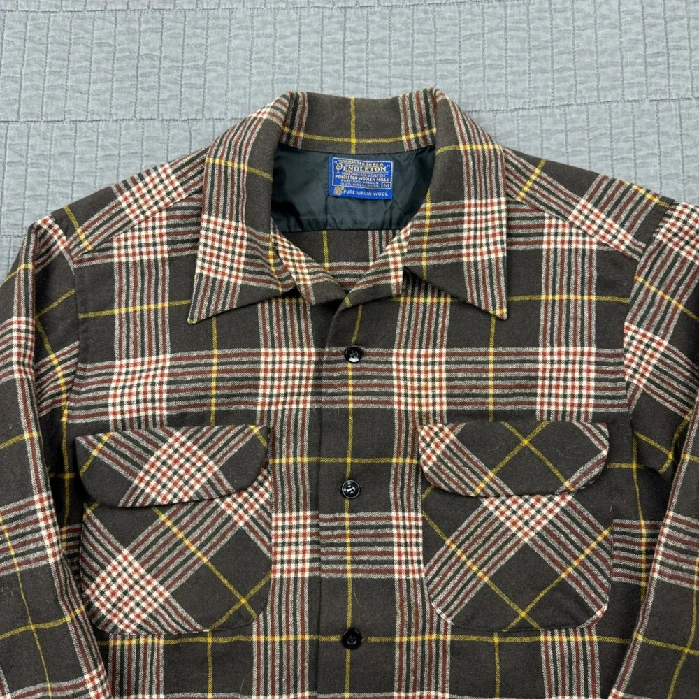 Vintage‎ Pendleton Board Shirt Men Medium Brown Wool Plaid Loop Camp Collar
